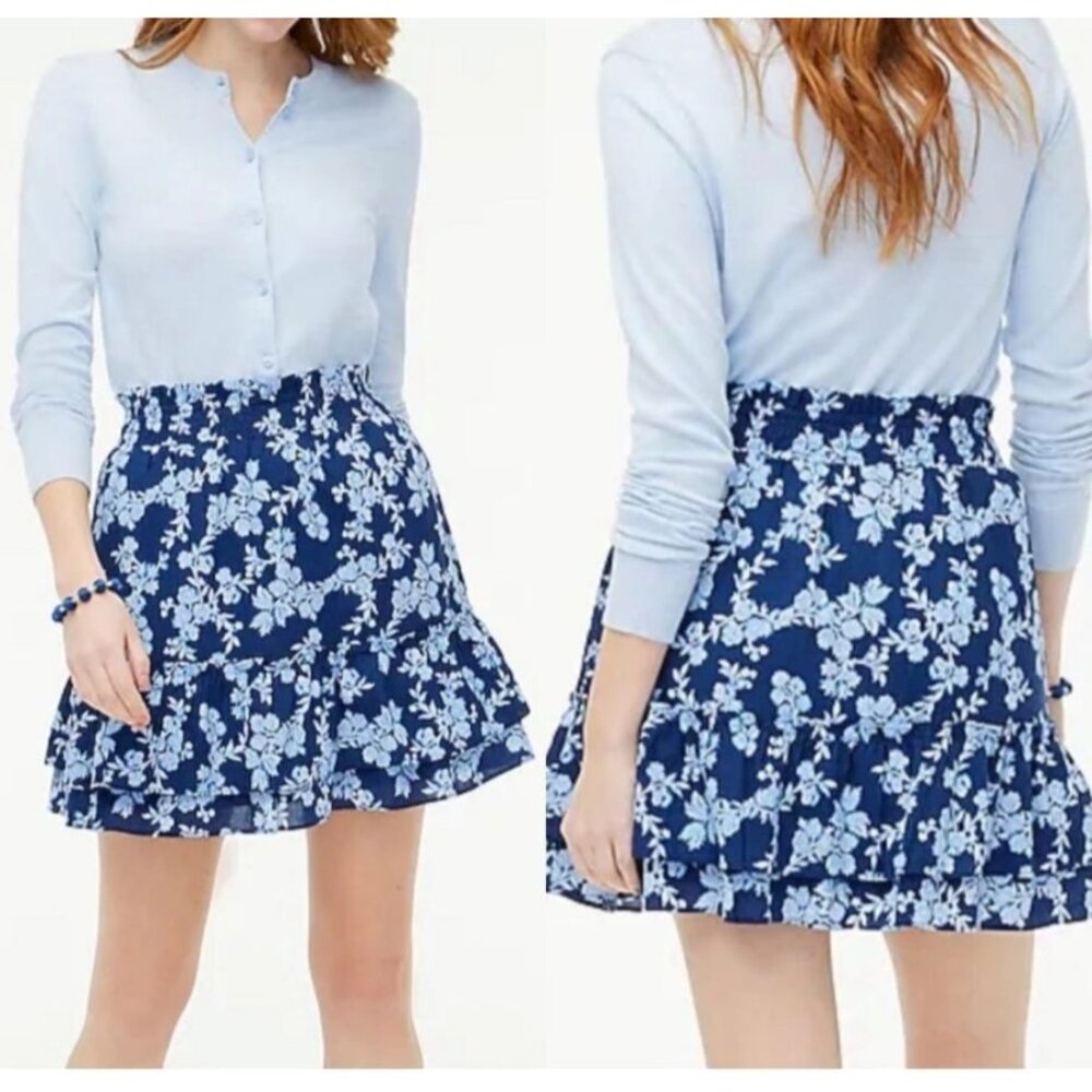 J.Crew Paisley Floral Print Mini Navy Ble Tiered Cotton Flounce Skirt Small
